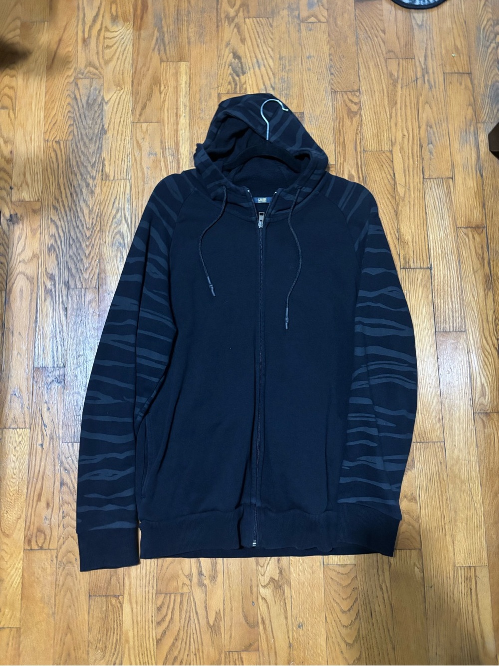 Cavalli Class Black Zip-Up Hoodie with Tonal Stripe Sleeves